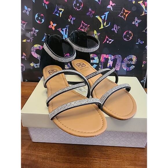 Daisy Fuentes Blingy Sandals Flat Size 11 Silver Black Ankle Strap - Picture 1 of 11